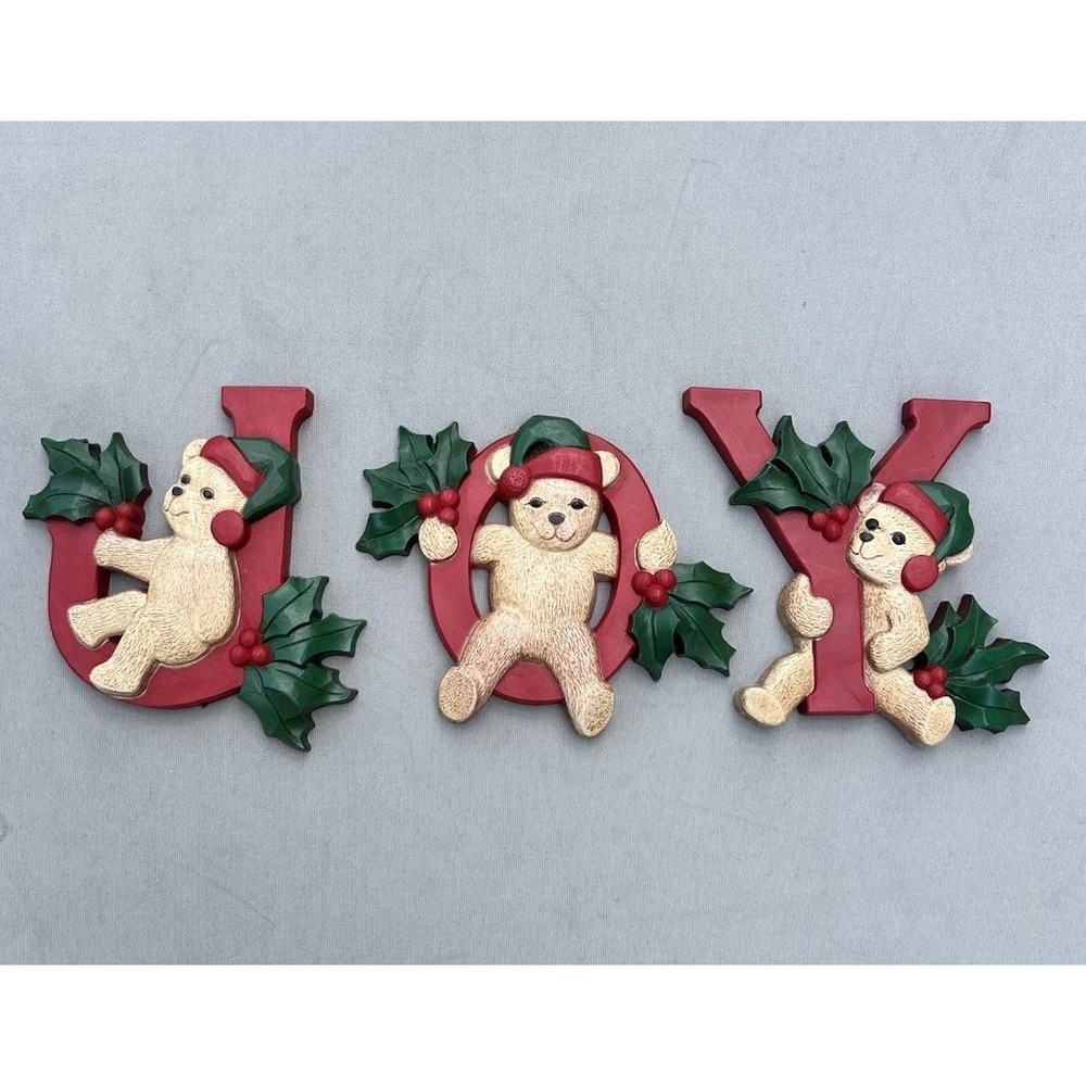 VTG Homco Christmas JOY Bears‎ 3Pc Hanging Wall Plaques Decor Home Interiors